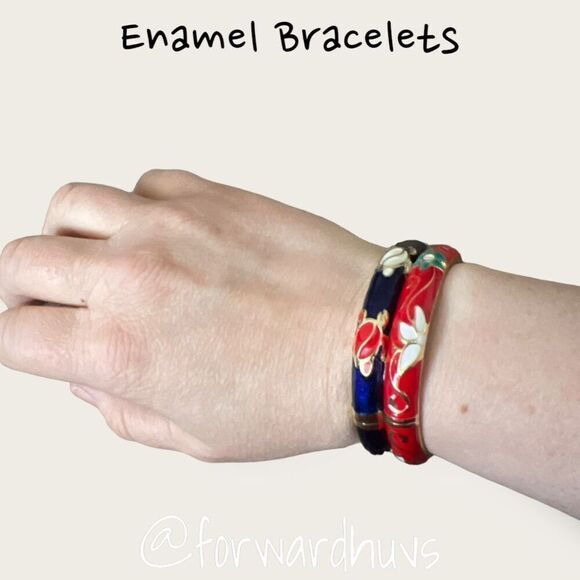 Vintage Enamel Hinge Bracelets: Turtle & Flower Theme - Picture 1 of 10
